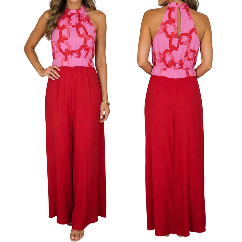 Traffic People NWT Pink/Red Chain Print Halter Jumpsuit Wide Leg Medium Resort